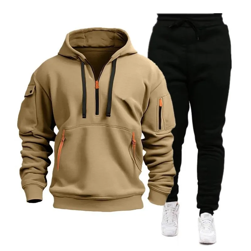 2025 Set con cappuccio sportivo autunno e inverno Set da uomo con cerniera multitasca Felpa con cappuccio sportiva Set di temperamento di vendita caldo di moda