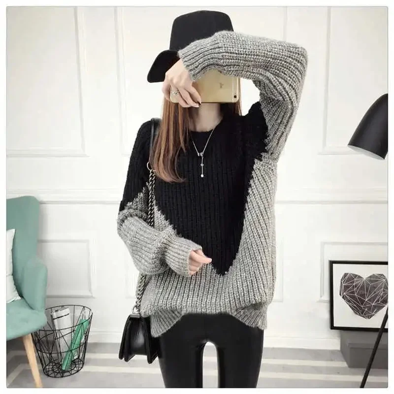 Thickened Coarse Yarn Sweater For Women's Autumn Winter New Collection Color Blocked Loose Base Outer Round Neck Knitted Sweater