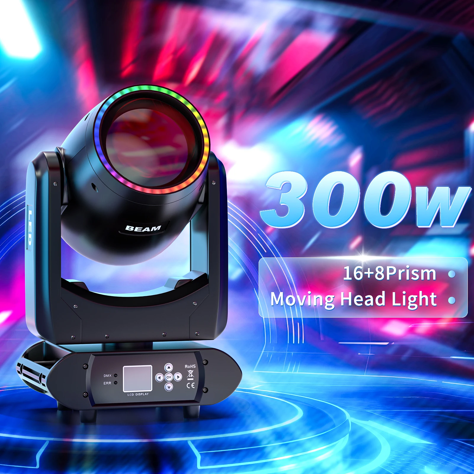 Yiflamefly 300W LCD Moving Head Light Stage Light DMX512 17CH Channel Control for Disco DJ Dance Hall Party Bar Performance