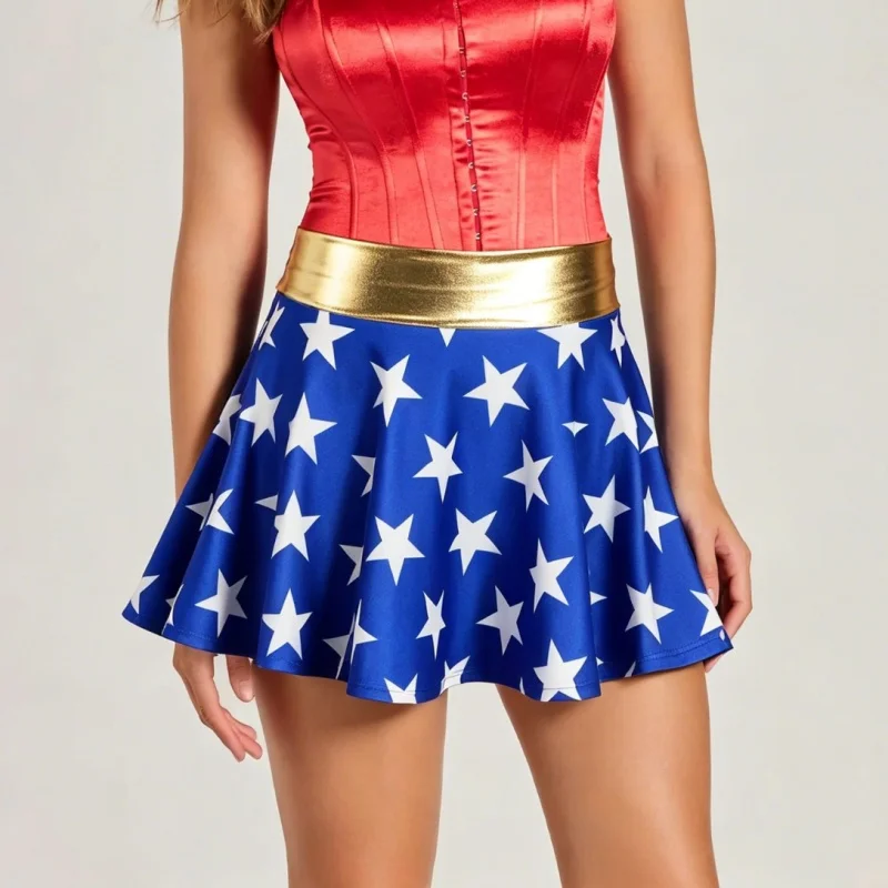 Women Star Print Mini Skirt Gold Waistband A Line Flared Skater Skirt Y2K Party Clubwear Cosplay Hero Costume Bottom