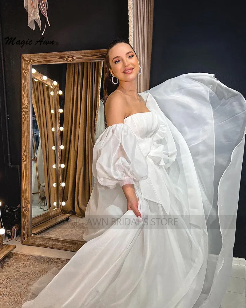 Abiti da sposa Vintage in Organza magica Awn 2022 maniche a sbuffo staccabili senza spalline abiti da festa di nozze semplici A-Line per le donne