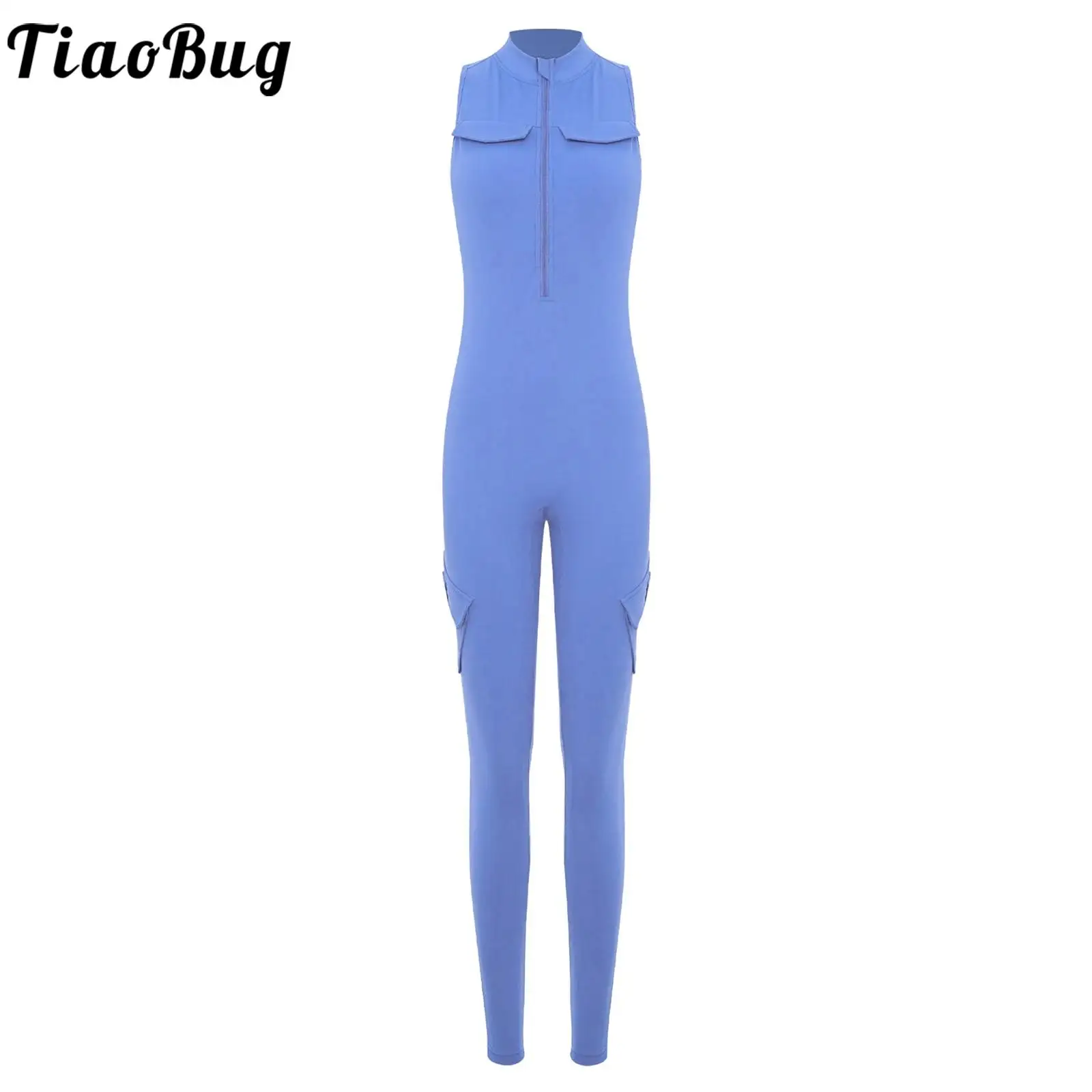 

Women Adult Gym Bodybuilding Sport Jumpsuit Sleeveless Slim Fit Bodysuit with Flap Pockets for Yoga Gym Fitness Sport Wear