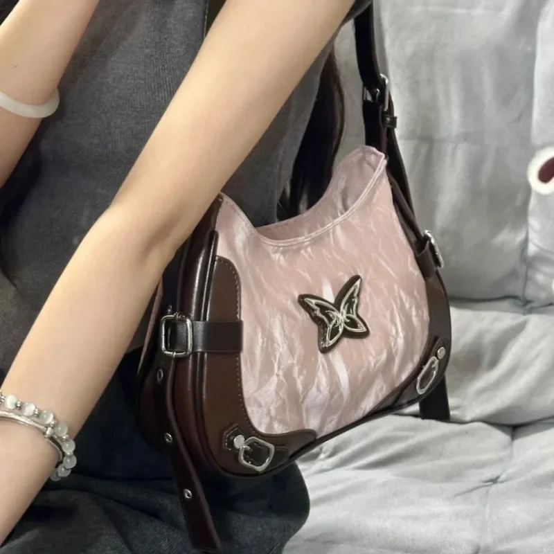 Xiuya Y2k Damen Umhängetasche American Vintage Stil Kontrastfarbe Mode Handtasche Schmetterling Harajuku Rosa Damen Achseltasche