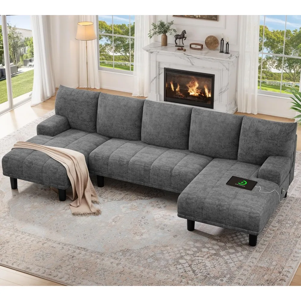 

Sectional Couches for Living Room, U Shaped Sofa Chenille Sectional Sofa with USB & Type C Charging Ports Double Chaise Couch