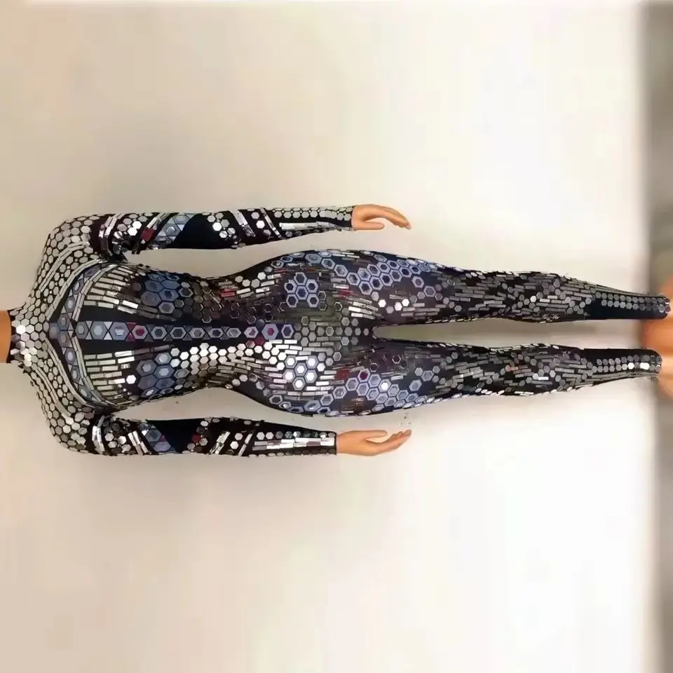 

Women Prom Dancer Singer Costume Evening Birthday Show Stage Outfit Sexy Shiny Silver Sequins Mirror Black Spandex Jumpsuit