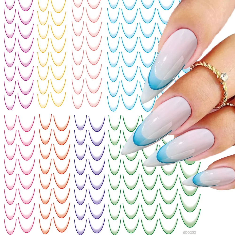 

14 Colors French Tip Nail Stickers Gradient Bend Lines Design Self-adhesive Nail Decals Stripe Blue Line Slider Nail Accessories