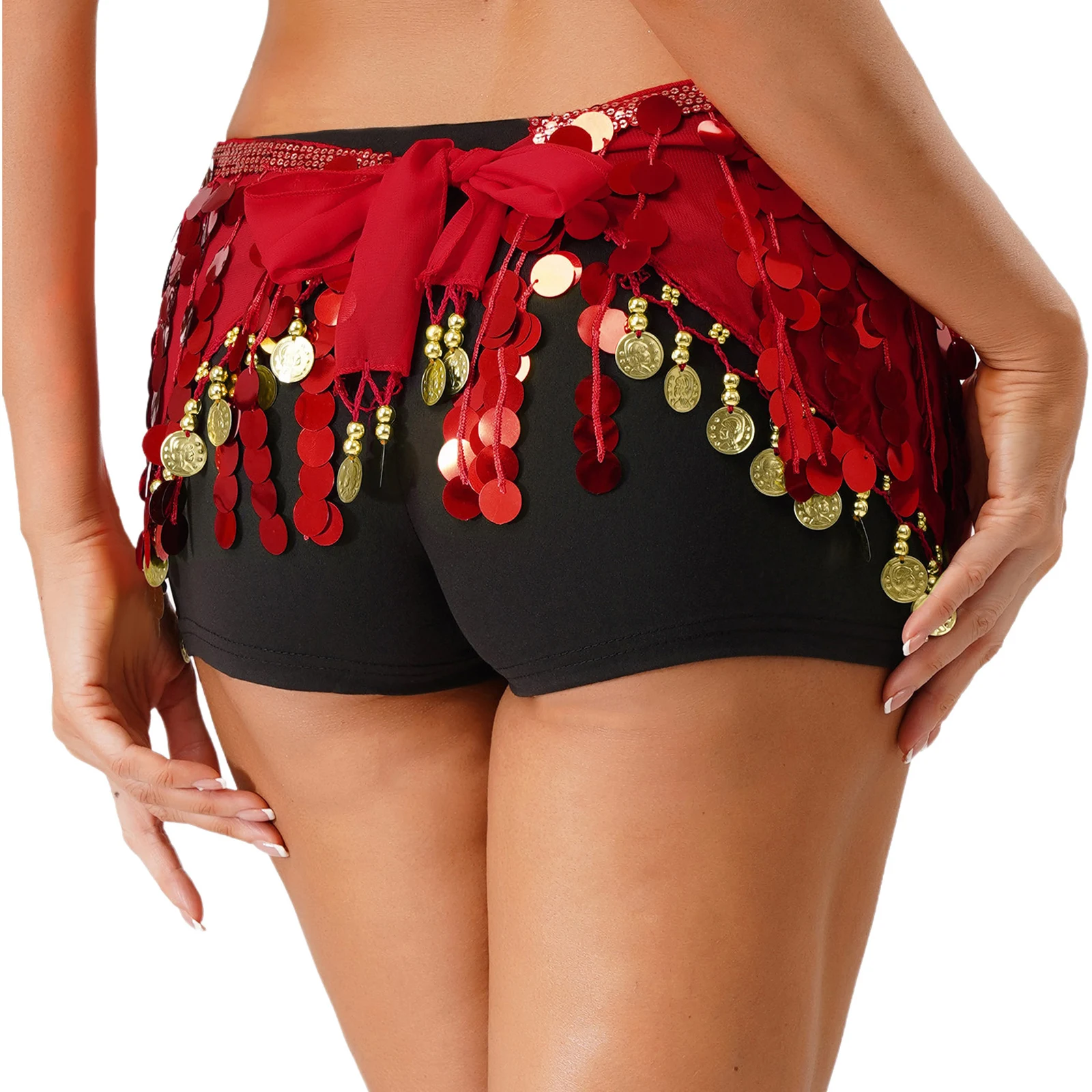 Donna Nappe Paillettes Danza del ventre Sciarpa dell'anca Lace-up Vita avvolgente Gonne Festival musicale India Danza Latino Cha-cha Tango Costume