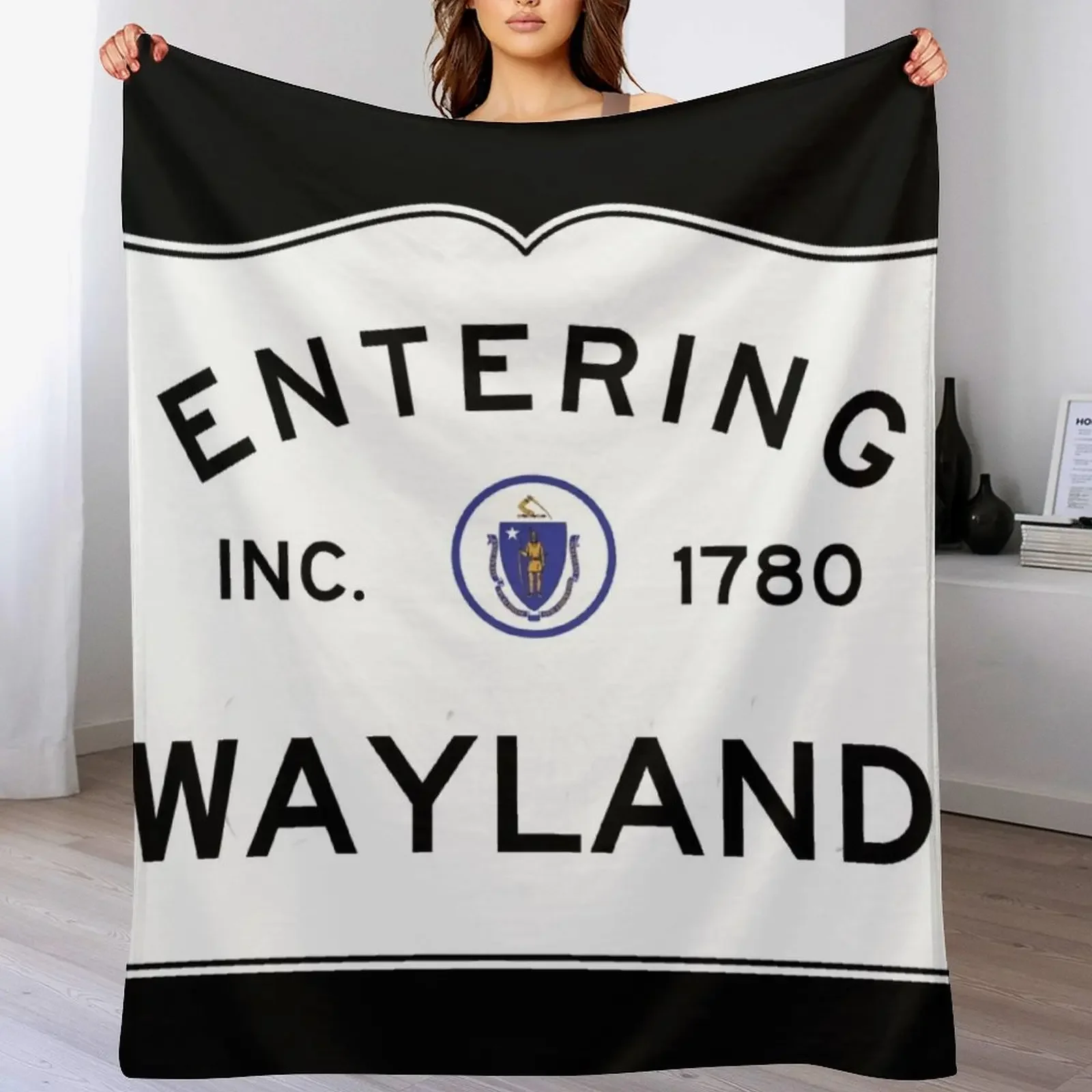 

Entering Wayland Massachusetts - Commonwealth of Massachusetts Road Sign Throw Blanket Camping Vintage Soft Plaid Blankets