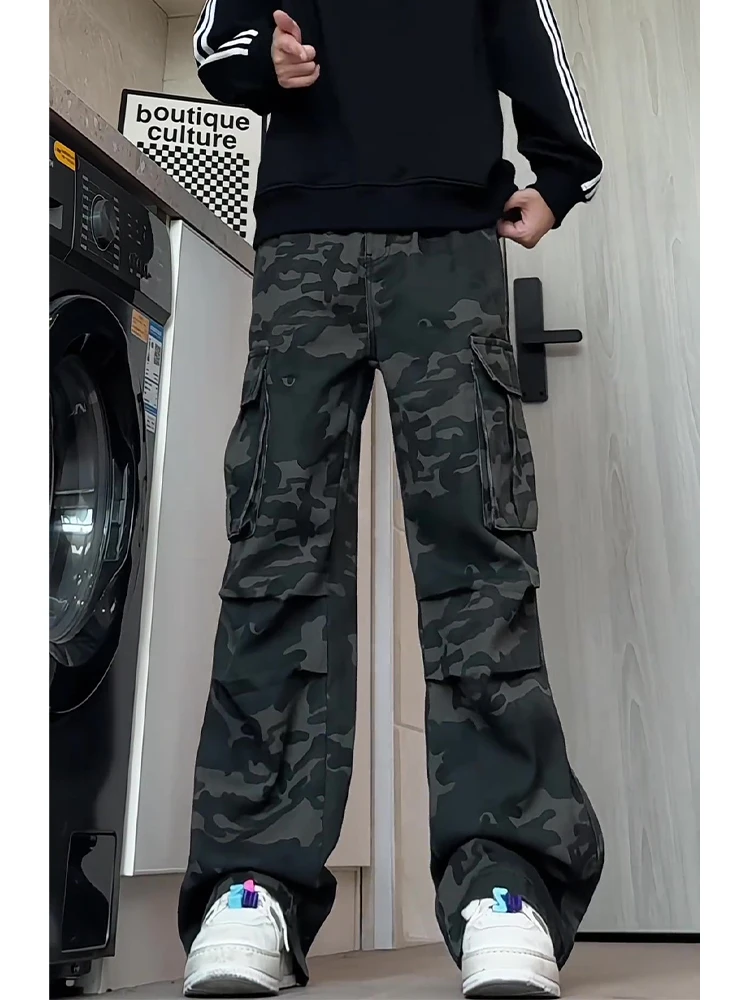 

American Retro Camouflage Work Pants Men's Autumn Haome High Street Folded Jeans Loose Fit Straight Leg Denim Trousers