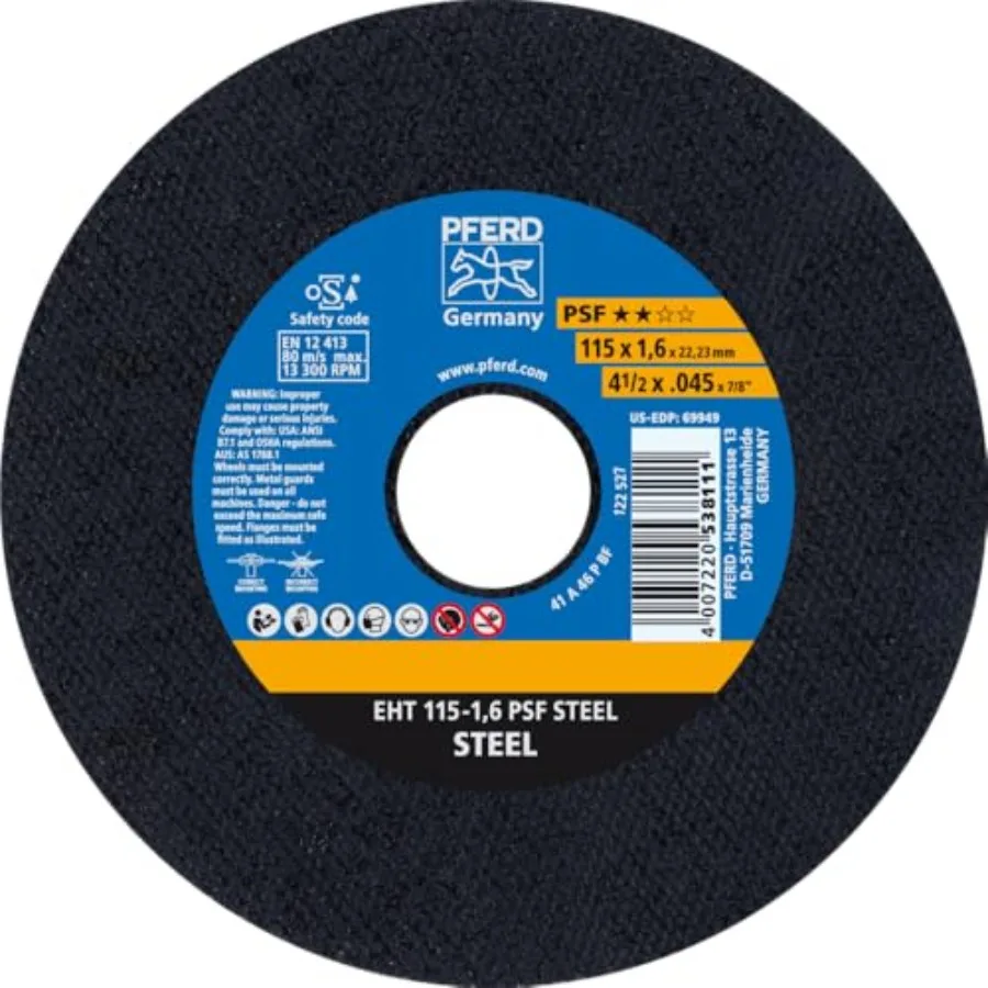 

PSF Steel Type 1 Cut-Off Wheel 4-1/2" x 0.045"x 7/8" Aluminum Oxide 13300 RPM High-Performance Metal Cutting Disc for Steel and