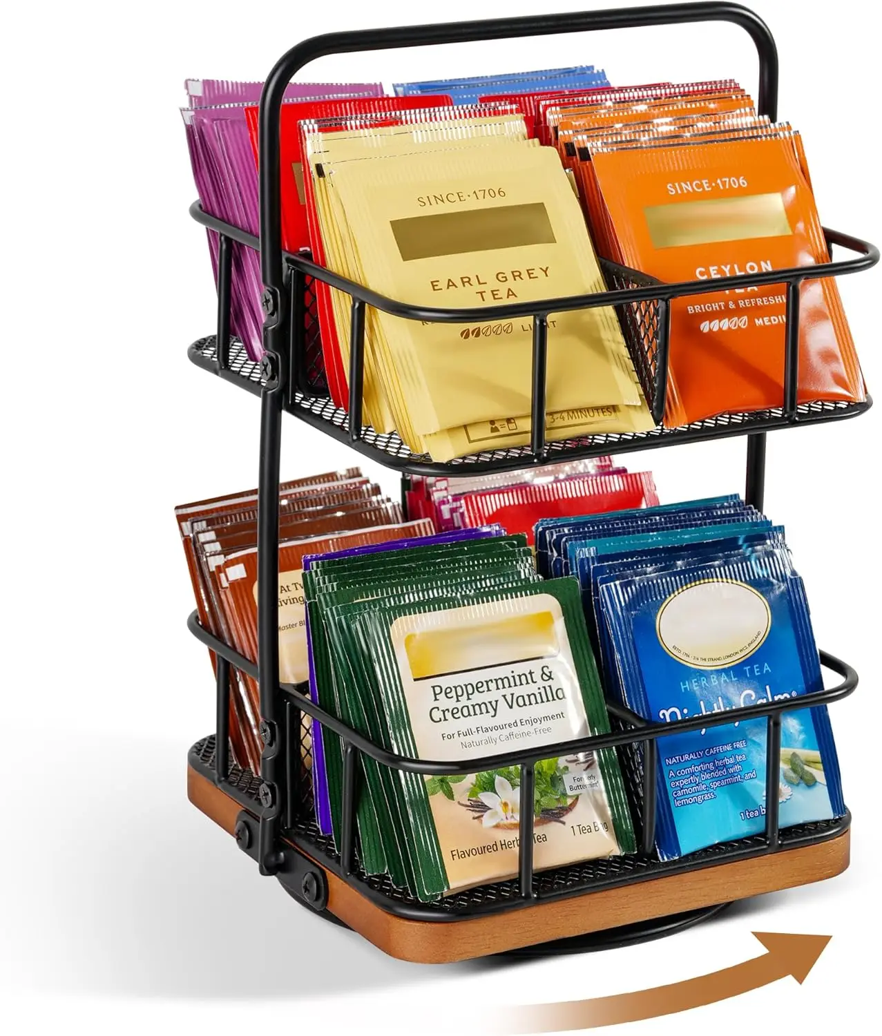 

2-Tier Tea Bag Organizer, Iron & Acacia Wood Stand with Handle, 8-Basket Tea Caddy for Kitchen or Pantry, Great Gift