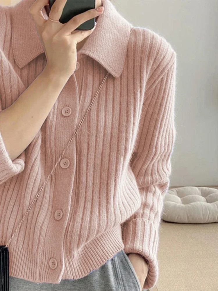 

7 Colors Knit Cardigan Women Turn Down Collar Trendy Female Sweater Jumpers Crops Sweet Autumn Soft Solid Casual Straight Design