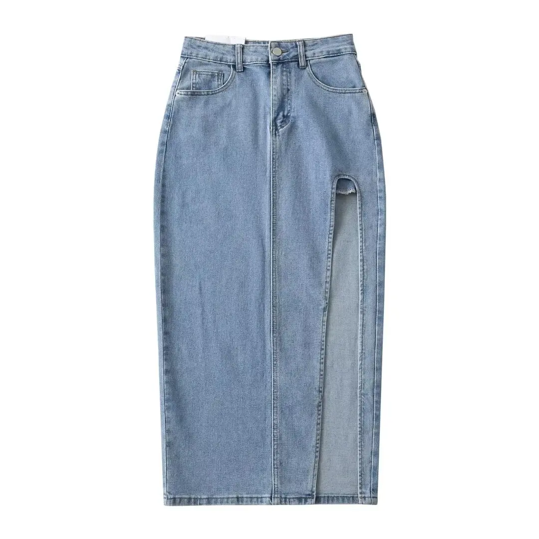 2024 Summer Midi Skirts Vintage Clothes Sexy Skirts For Women Blue Jeans Skirt High Waisted Denim Skirt Split Thigh Denim Skirt
