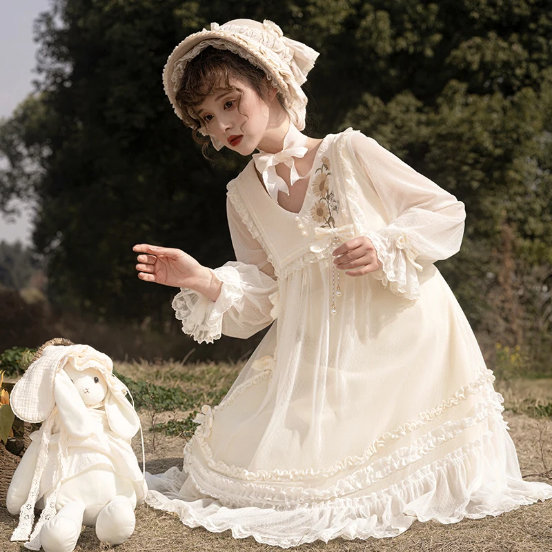 Originele Zonnebloem Borduren Lolita Dagelijks OP Uitlopende Mouw Jurk Lente Herfst Lange Mouw Sheer Mesh A-lijn Jurk Lolita Jurk