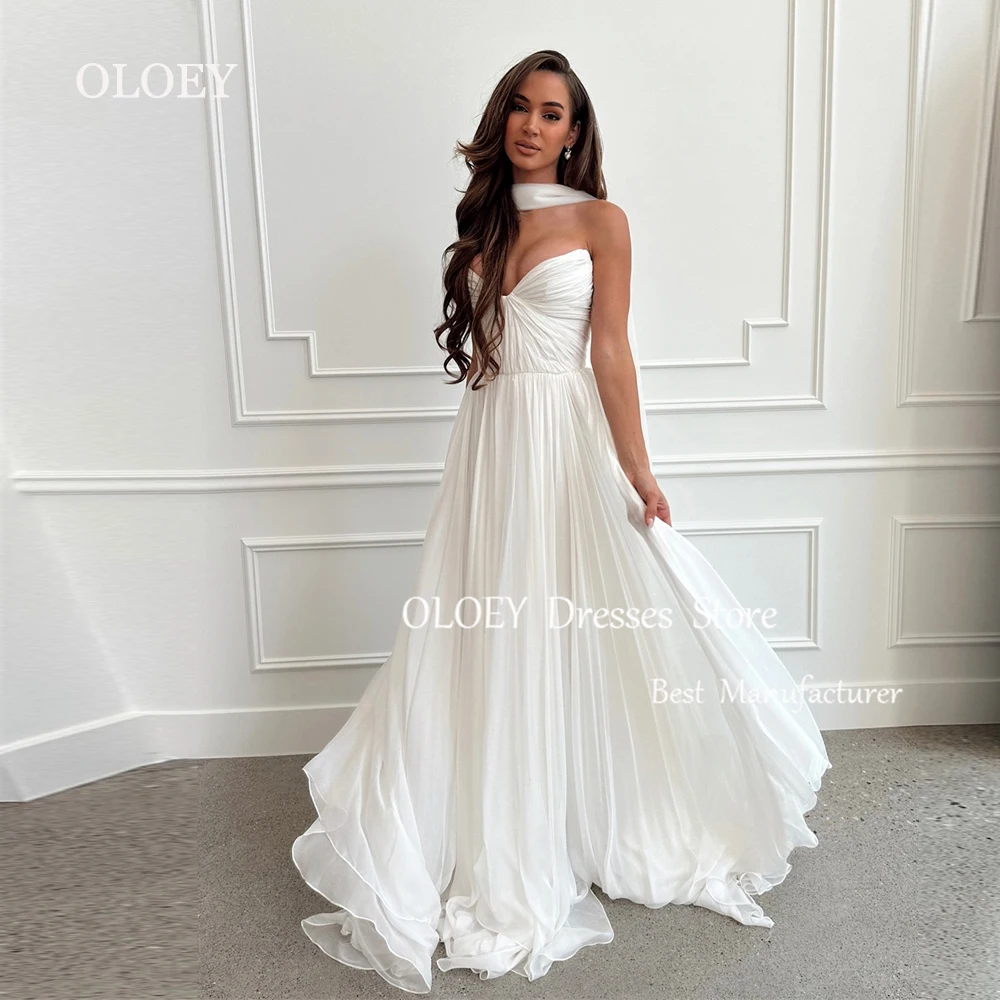 

OLOEY Elegant Ivory Long Wedding Dress With Scarf Korea Photoshoot Sleeveless Bridal Gown V Neck Pleats Chiffon Custom Made