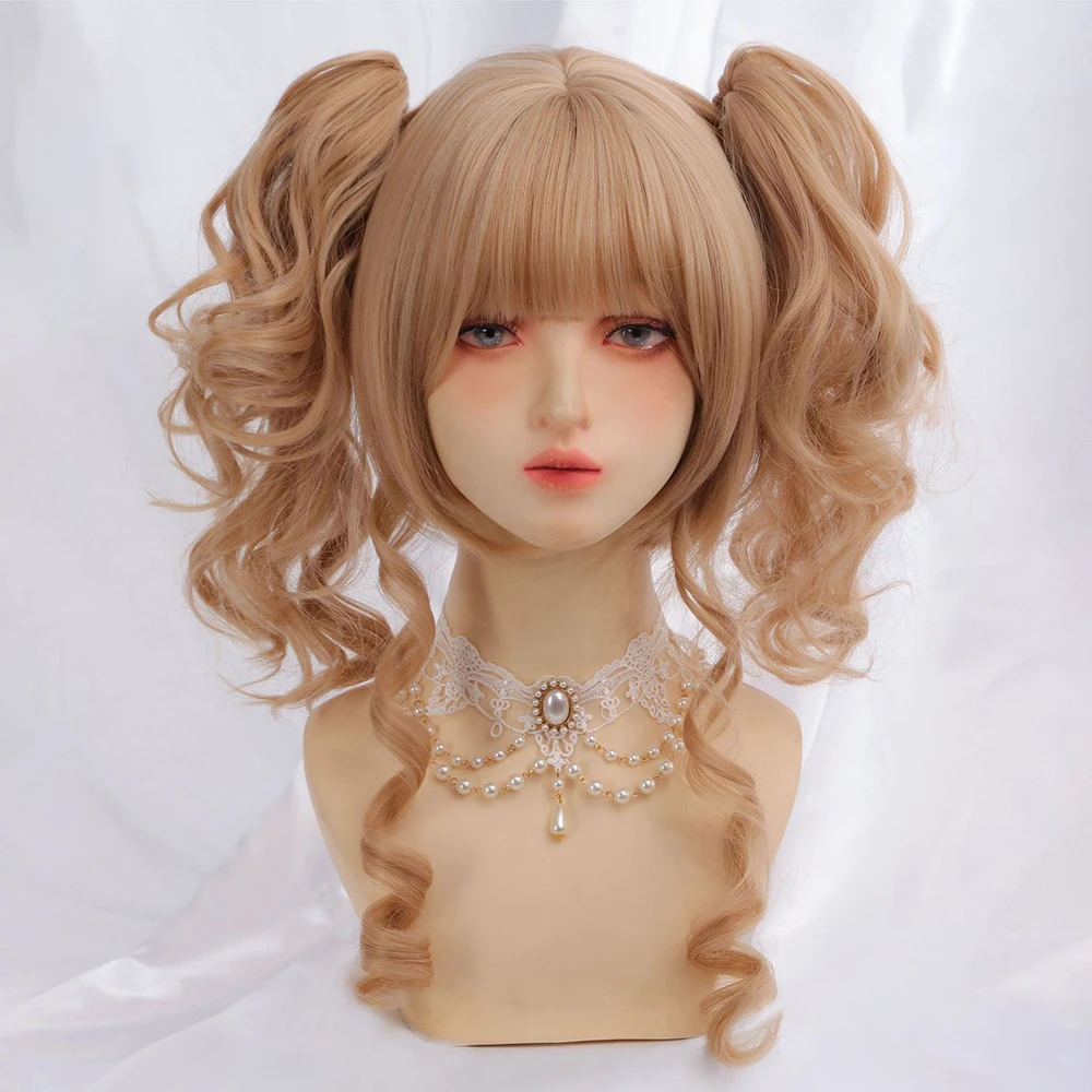 ผมสังเคราะห์คอสเพลย์โรมันเคอร์ลี่พร้อมหน้าม้า หางม้าแบบถอดได้ เหมาะสำหรับวิกผมโลลิต้าสำหรับเล่นบทบาทสมมติในอนิเมะของผู้หญิงในชีวิตประจำวัน