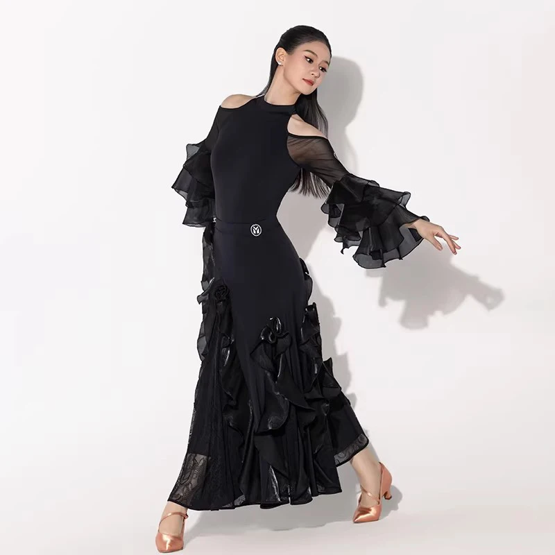 

2025 New Women Modern Dance Clothes National Standard Dance Off Shoulder Top Big Swing Skirt Ballroom Dancing Dress Wear DN22534
