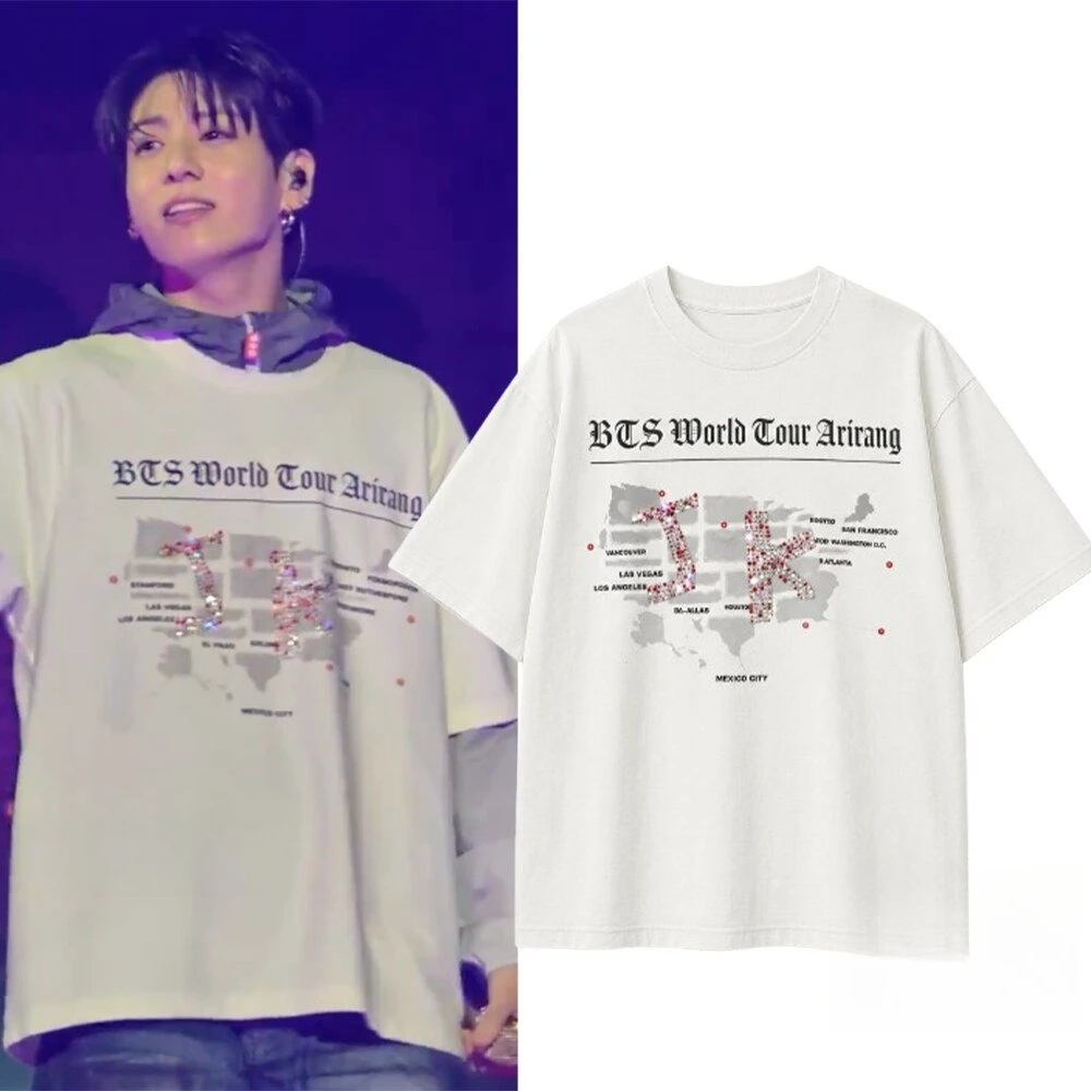 Camiseta Unissex BTS Jungkook Estilo Arirang 2026 Tour América do Norte Kpop Boy Band Masculina Feminina Retrô 100% Algodão Moda