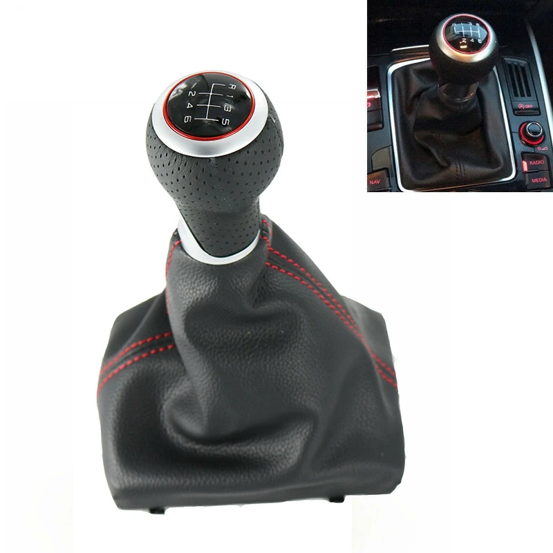 Car 6 Speed Leather Shifter Gear Shift Knob with Boot Cover Handle For-Audi A3 S3 8P 2003-2013 A4 S4 Q5 2007-2015