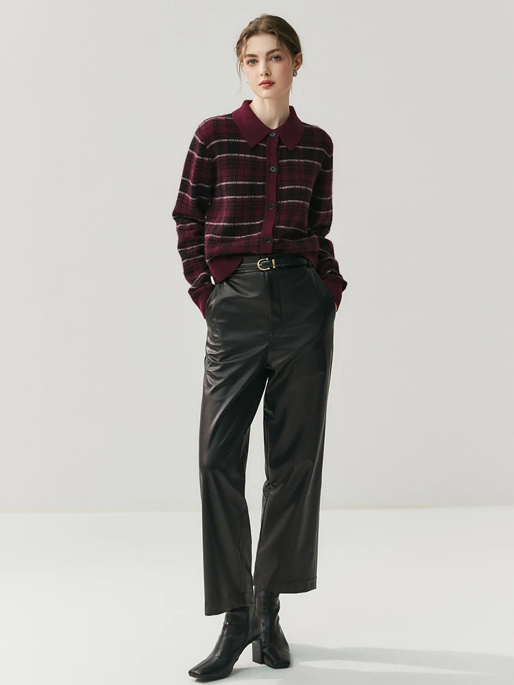 Women's Polo Collar Cardigan 100% Cashmere Sweater Color Blocked Plaid Knitwear Autumn Winter Loose Classic Tops Short Clothing
