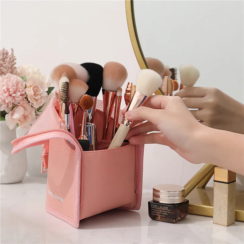 Makeup Brush Case Makeup Brush Holder Travel Waterproof Cosmetic Bag Stand-up Foldable Makeup Cup with Zipper (Black + Pink)