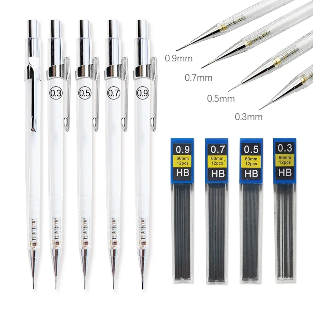 Transparent Mechanical Pencil 0.3, 0.5, 0.7, 0.9mm with Lead Refills Set for Sketching Automatic Pencils Art Drawing Painting