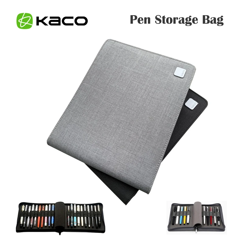 New KACO Pen Storage Bag Portable Zipper Pencil Bag Pen Case Waterproof Canvas Black Grey for 10 Pens 20 Pens