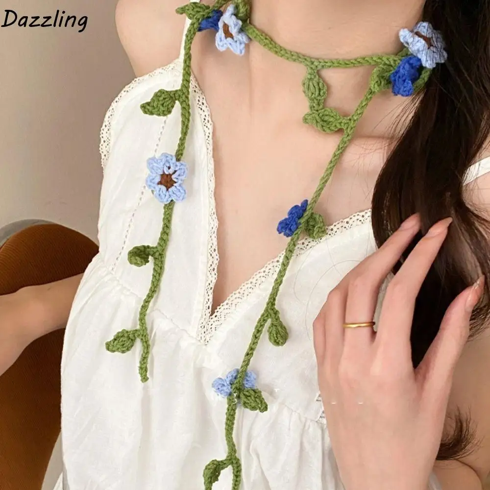 

Casual Wool Knitted Scarf Handmade Crocheted Thin Knit Headband Korean Style Dressing Decoration Rose Flower Shawl Spicy Girl