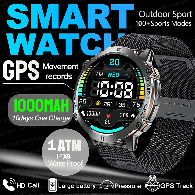 

New Outdoor Sports Military Smart Watch Men 1.73" AMOLED IPX8 1ATM Waterproof 1000mAh Super Large Battery BT Call Smart Watches