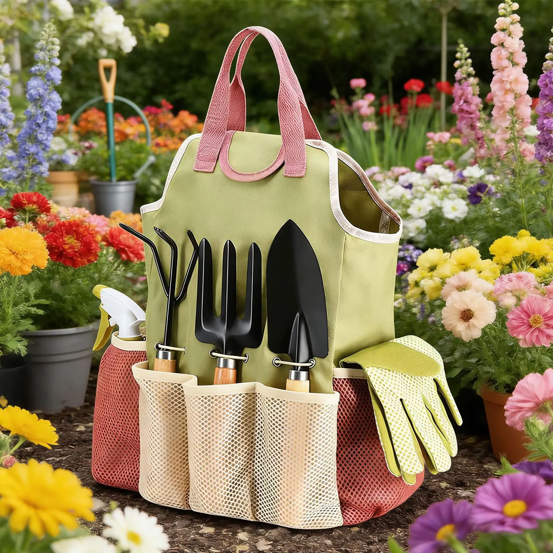 

Набор садовых инструментов из 9 предметов с сумкой для хранения: инструменты для сада и огорода, включая совки, вилки, секаторы, распылитель, перчатки