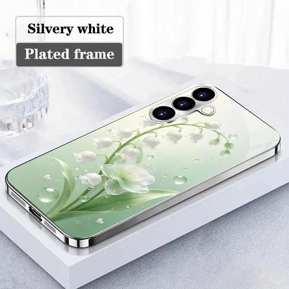 glass phone case suitable for Samsung Galaxy S26 S25 S24 S23 S22 S20 FE/Ultra/Plus anti drop Water droplet flower electroplated