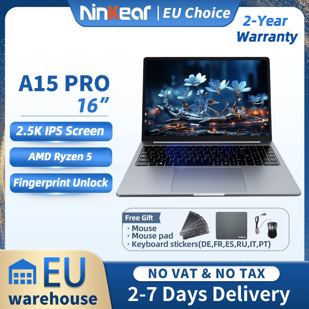 Portátil Ninkear A15 Pro de 16 Pulgadas, Pantalla IPS 2.5K FHD, AMD Ryzen 5, 16 GB DDR4 + 1 TB, Batería de 54 Wh, Windows 11 PRO, Ordenador de Oficina
