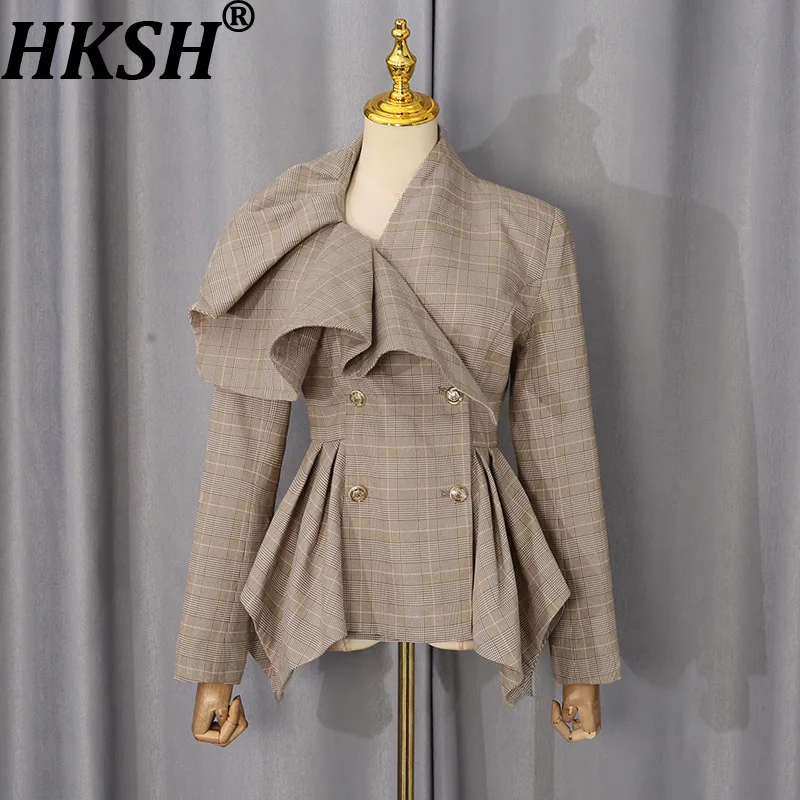 HKSH Women Blazer Stylish Plaid Design Pleated Double Breasted Irregular Collar Elegant Fashion Patchwork Slim Suit-Coat HK28161