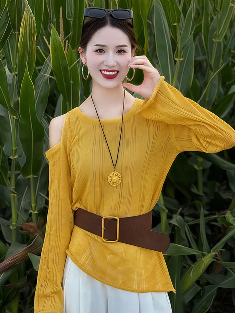 

Korean Sle round Ne oulder Bared Long Sve Women's T-irt Slimming Waist Design Spring New Faion Ciwalk Top