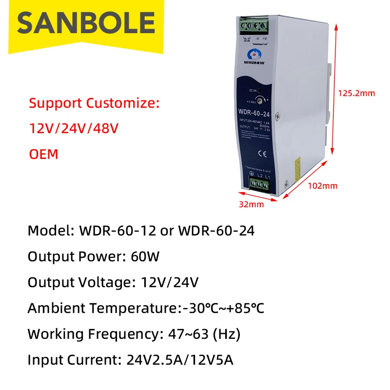 Imagem -02 - Rail Mount tipo Switching Power Supply Entrada de Tensão dc Única Saída Industrial 60w 12v 24v 2.1 a Wdr6024