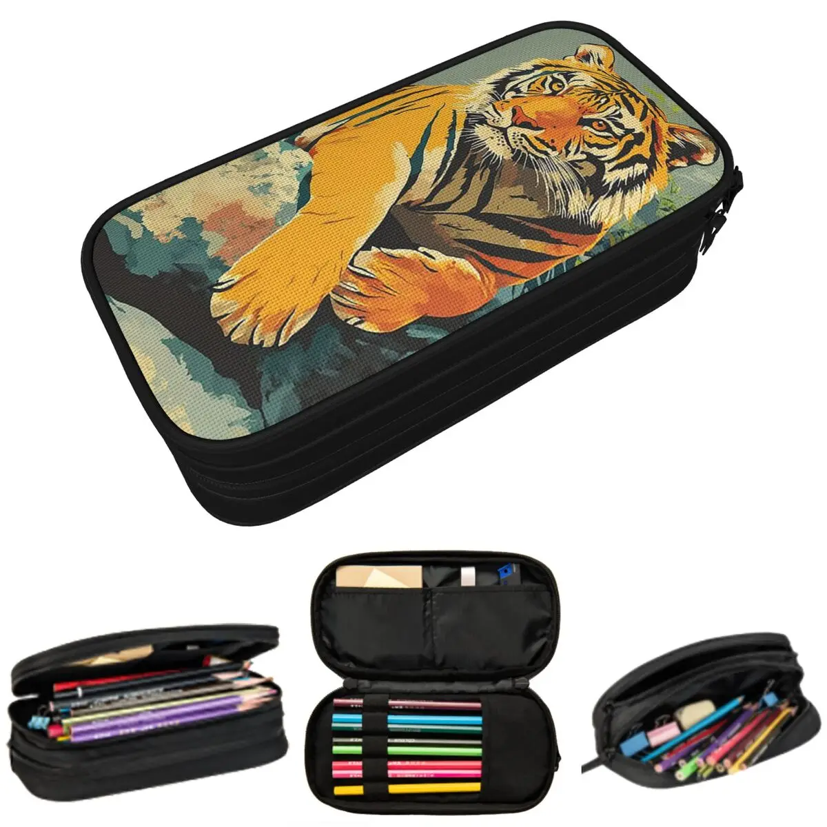 

Tropical Fierce Tiger Lying On A Rock Pencil Case for Students Gifts Pen Box Pencil Bag Stationery Supplies Pen Holder Bag