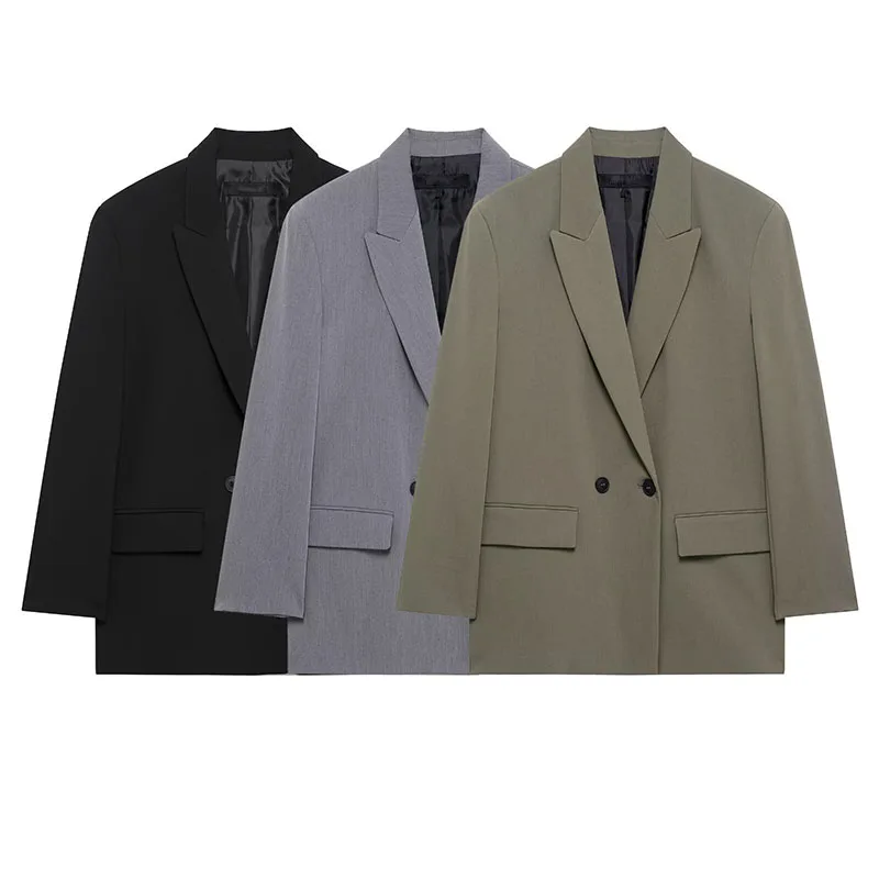 2025 New Women's Loose Blazers Casual Double Button Office Lady Straight Blazer Coat Versatile Long Sleeve Notched Collar Jacket
