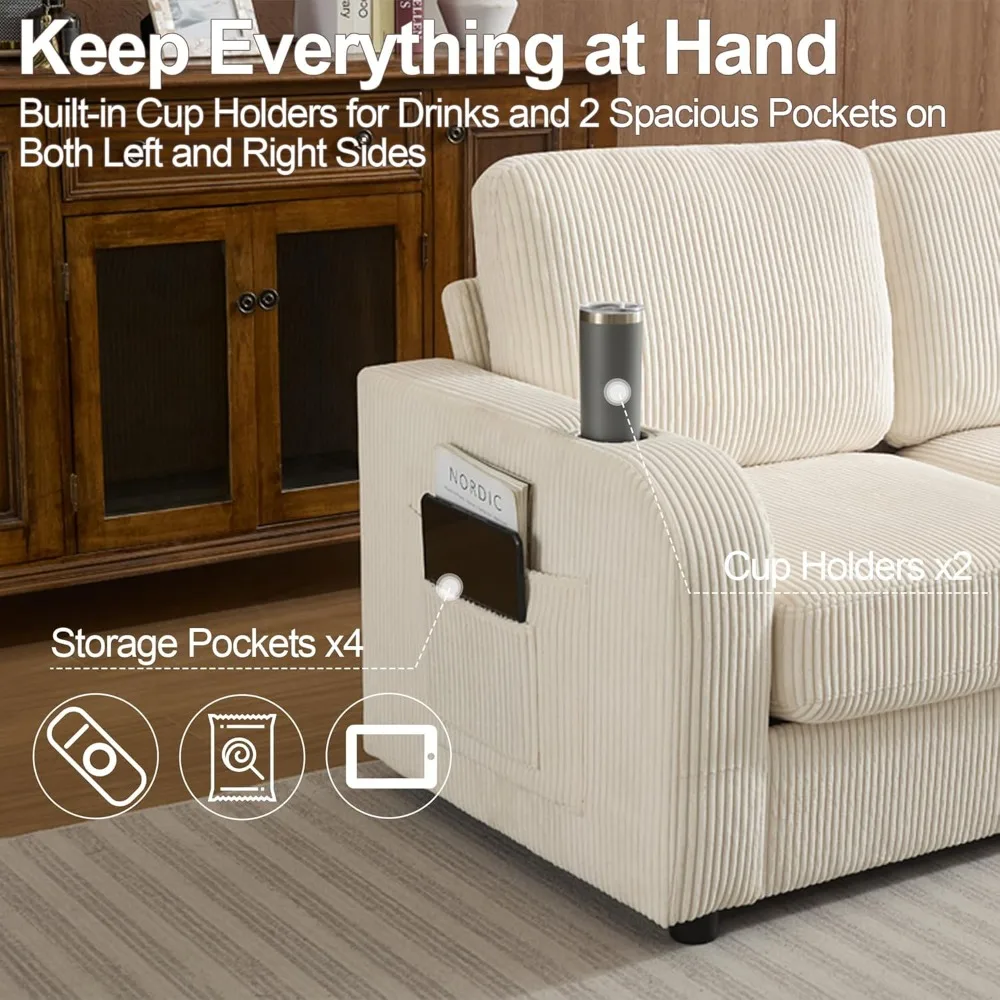 أريكة حديثة مريحة ذات 3 مقاعد كبيرة الحجم مع مقاعد عميقة وحاملات أكواب، مثالية لغرفة المعيشة مصنوعة من قماش سروال قصير #3