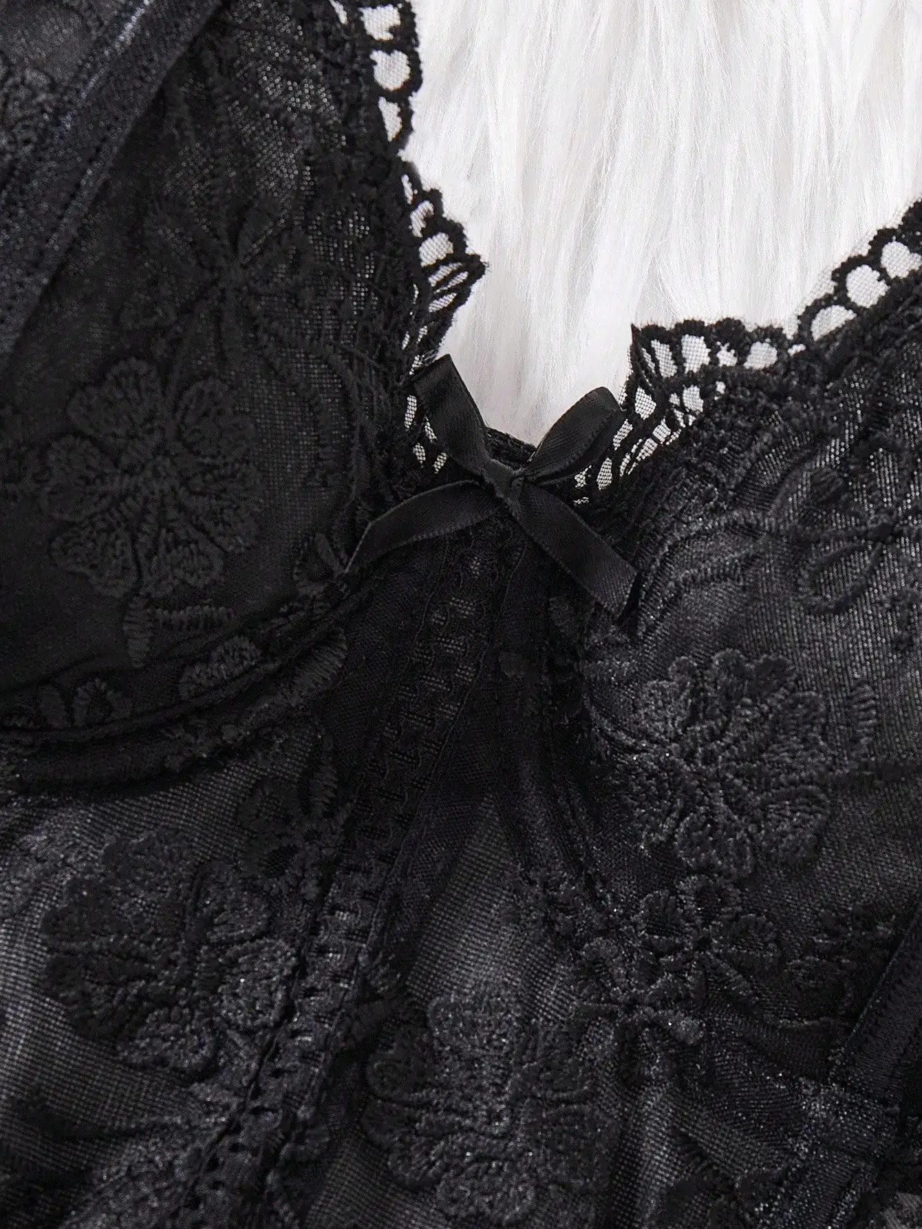 Black Lace Three-Piece Lingerie Set With Sheer Floral Details
