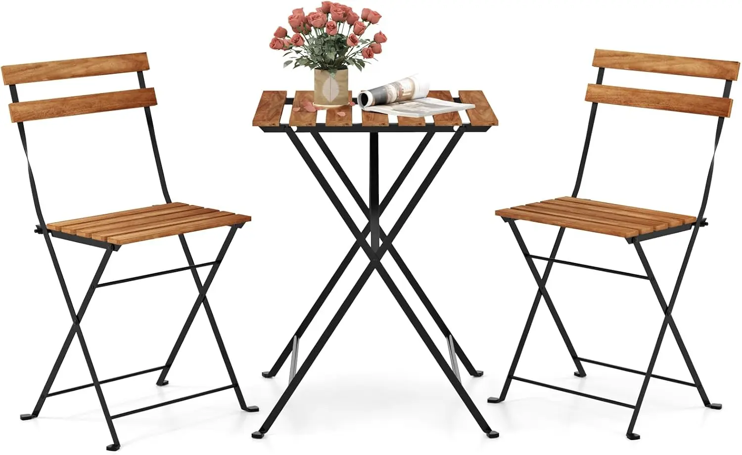 طقم بيسترو من خشب السنط مكون من 3 قطع، طاولة بيسترو للفناء مع كرسيين قابلين للطي، مقعد شرائحي وطاولة، إطار معدني، أثاث خارجي #1