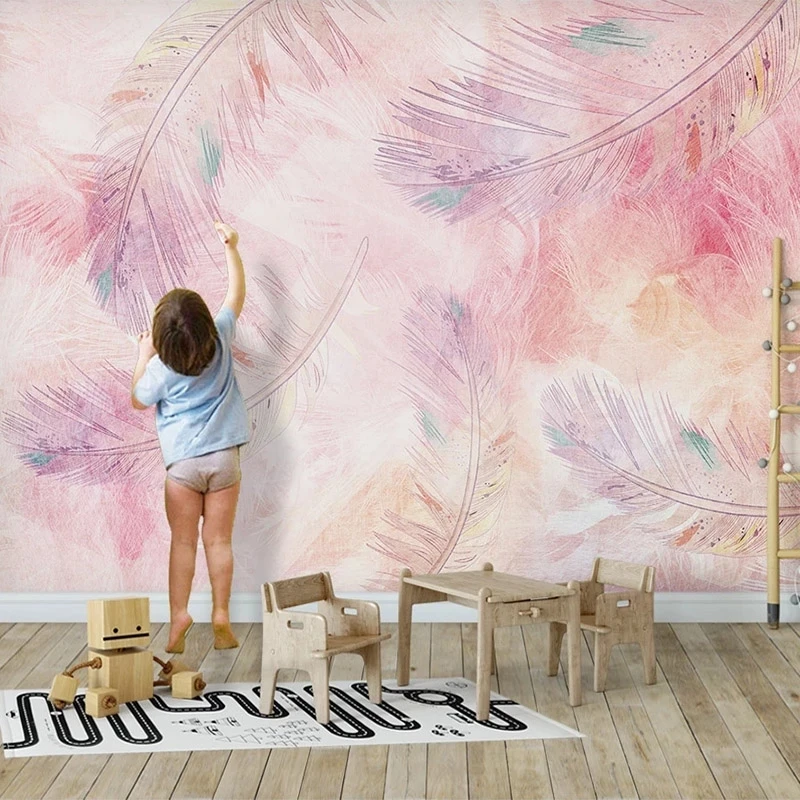 Custom 3D Pink Feather Cartoon Photo Mural Wallpaper Children Room Bedroom Living room sofa TV background wall restaurant Hotel