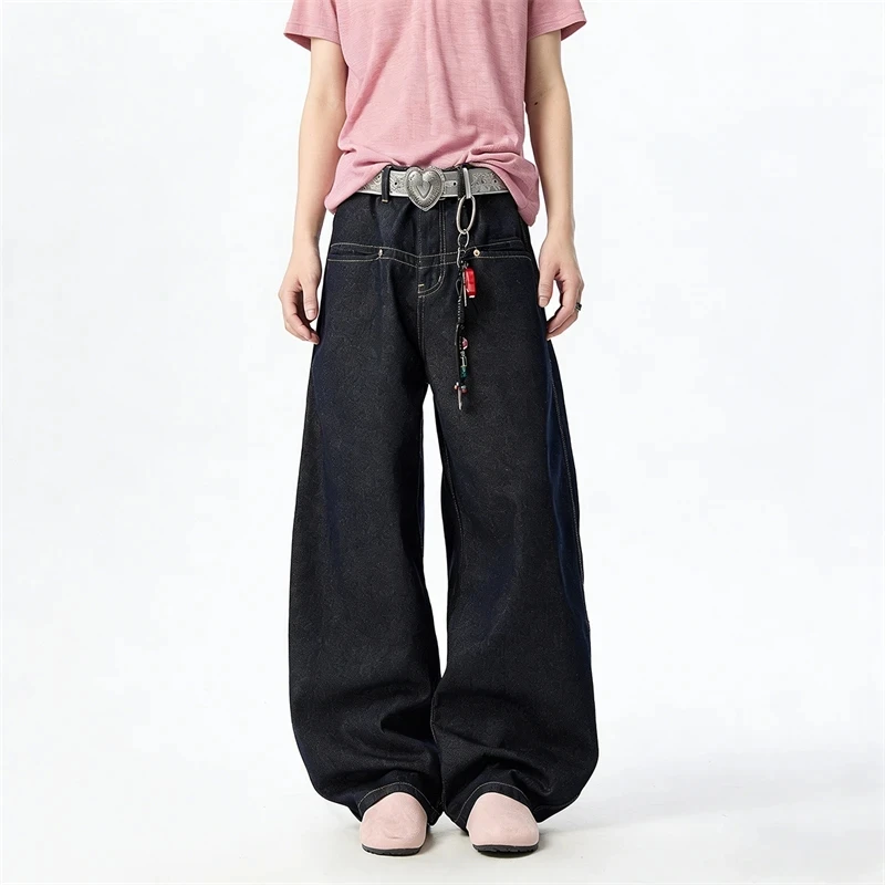 

Old Money Style Men's Denim Baggy Pants Loose Fit Contrast Topstitching Curved Design Black Jeans Straight Trousers