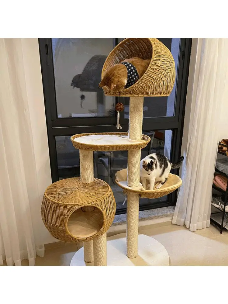 

Large Rattan Cat Climbing Frame, Cat Litter Tree, House Villa, Sisal Scratching Column, Four Layers