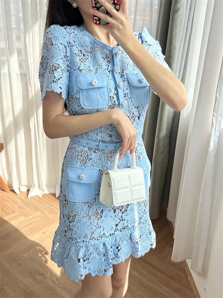 New 2024 Summer Women Rose Embroidery Short Dress Hollow Out O-Neck A-Line Elegant Lady Sweet Chic Stunning Fashion High Quality