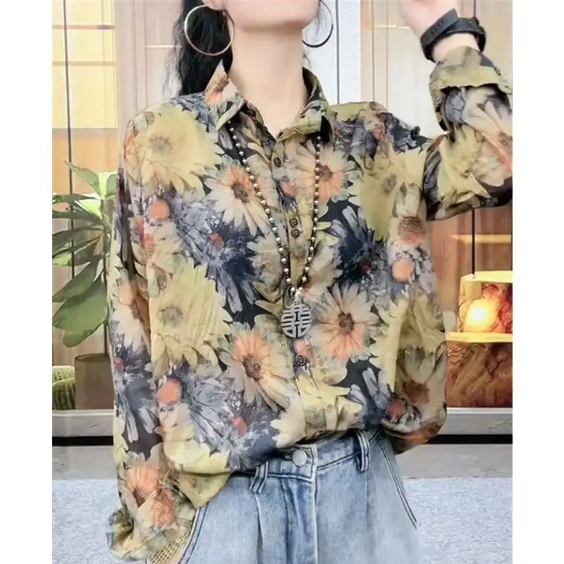 

Женская шифоновая блузка с цветочным принтом и длинным рукавом, базовый топ, антивозрастная, весенне-осенняя, универсальная, свободного кроя, с воротником