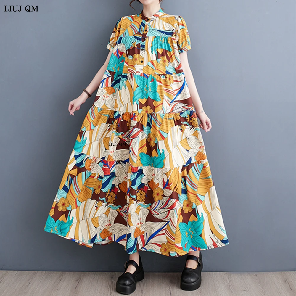 Pullover Dress Women Fashion Print Pattern Goddess Fan Casual Style Half Sleeve 2023 Summer Loose Vintage Long Dress Plus Size