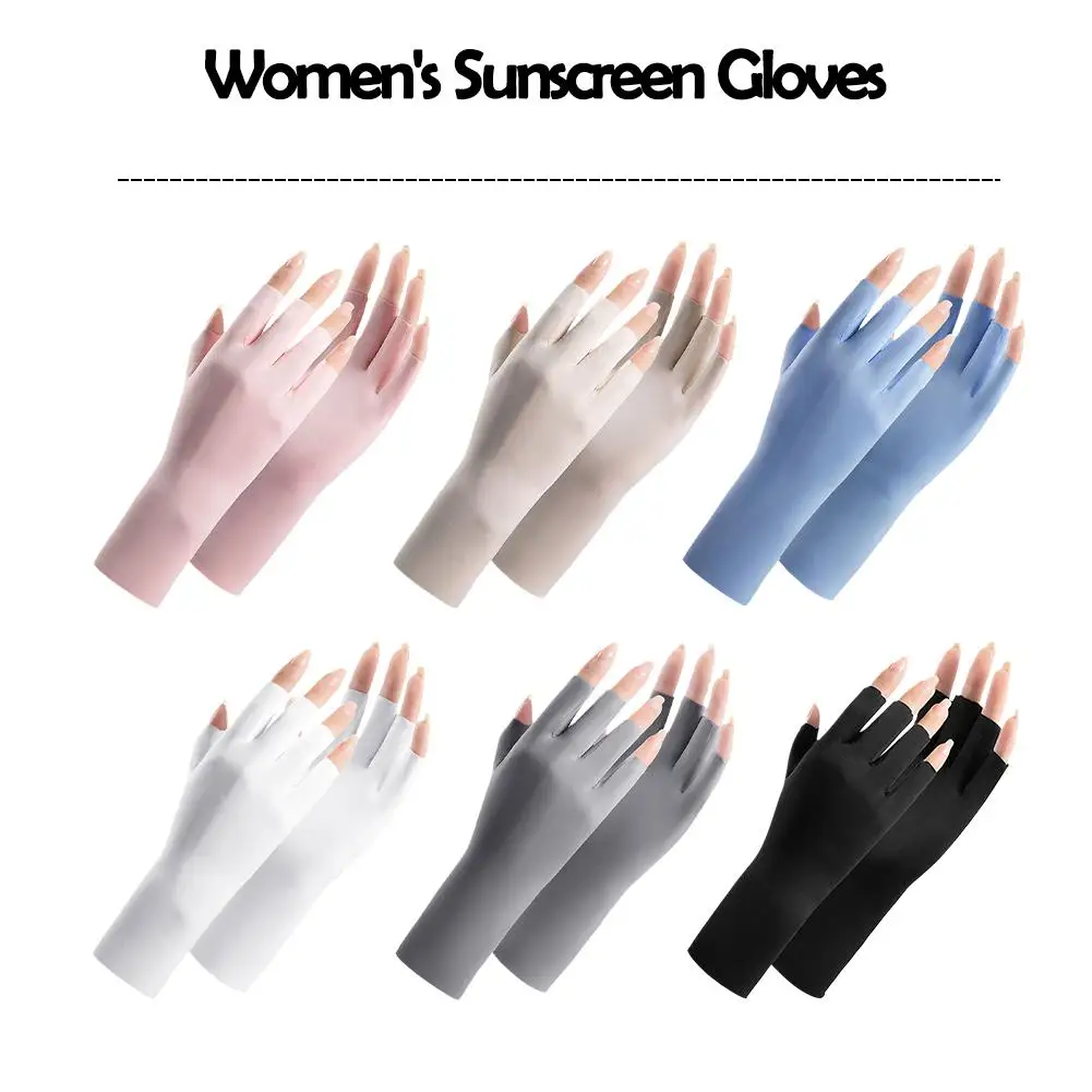 1 Pair Summer Sun Protection Gloves For Women UV Resistant Ice Silk Thin Breathable Half Finger Gloves Driving Sunscreen Mittens