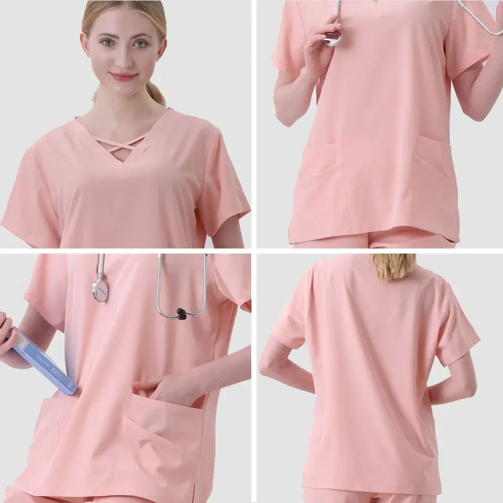 V Neck Scrubs Uniformes Médicos para Mulheres, Conjuntos de Vestuário Feminino, Clínica Dentária, Salão de Beleza, Pet Lab, Ternos Cirúrgicos, Enfermeiros Acessórios