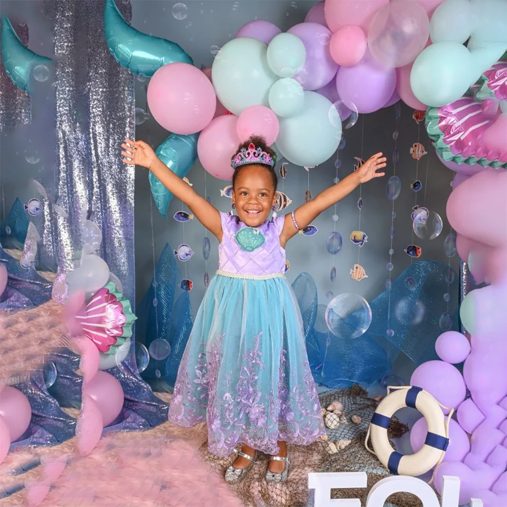 

Little Girls Ariel Mermaid Cosplay Party Dress Girl Flower Embroidery Princess Gown Kids Big Bow Fashion Weekend Carnival Wear