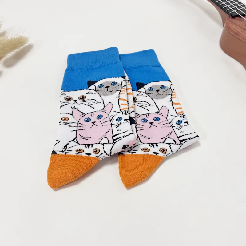 1 Pair Creative Cute Cartoon Cat Pattern Socks, Comfy Breathable Mid Tube Women Socks Perfect For All Seasons